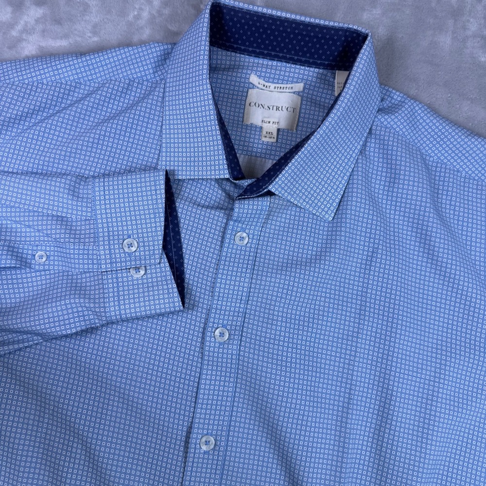 CON.STRUCT Mens Slim Fit‎ 4-Way Stretch Blue Geometric Button Down Shirt 18-18.5